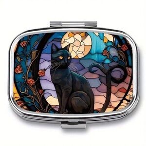 Black Cat Stained Glass Multi-Use Mirrored Pill Box Container